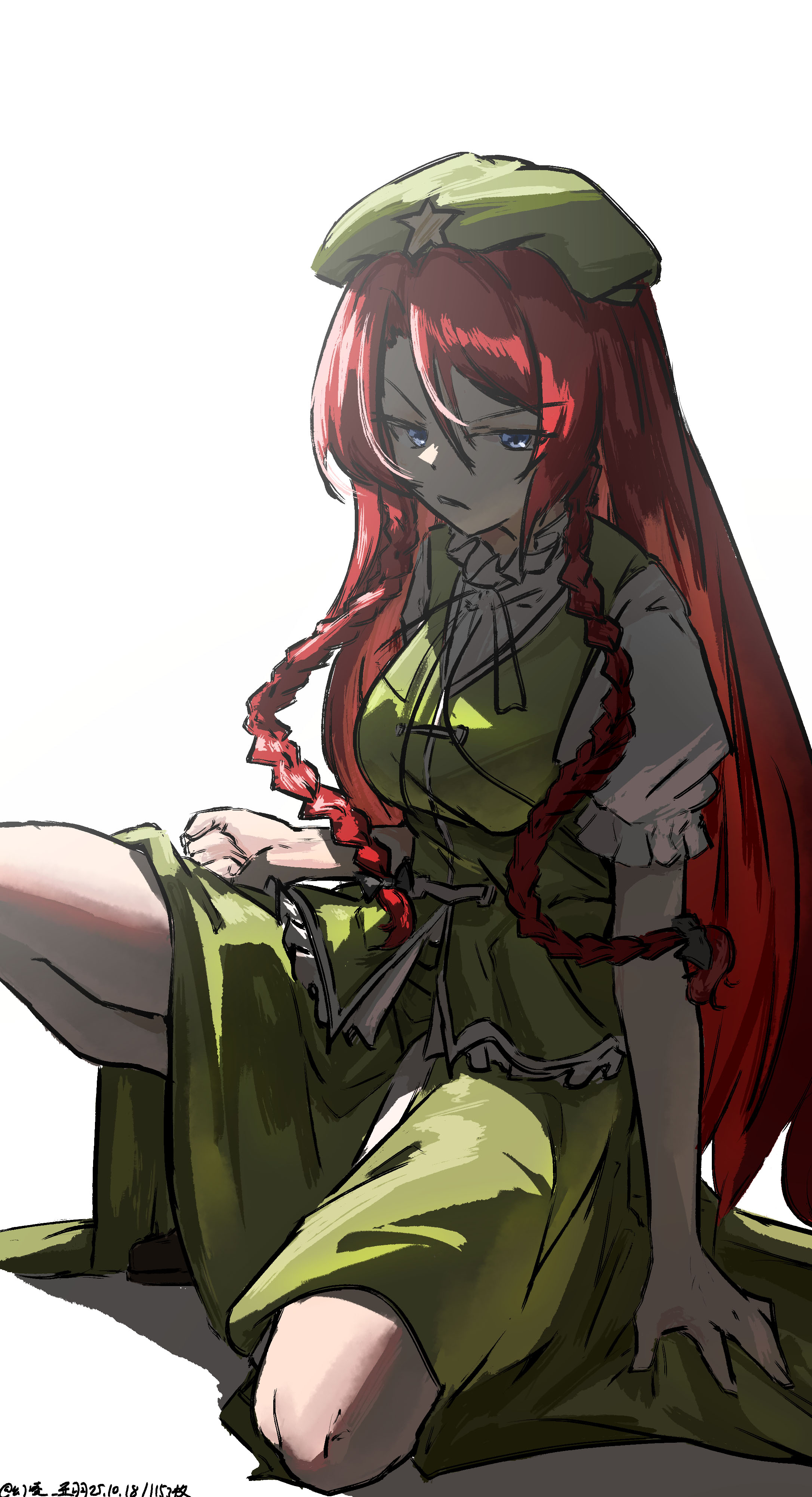 ve1024, hong meiling, touhou, absurdres, chinese commentary, commentary request, highres, mixed-language commentary, 1girl, artist name, beret, blue eyes, braid, breasts, dated, green hat, green skirt, green vest, hat, hat ornament, long hair, looking at viewer, on one knee, one-hour drawing challenge, puffy short sleeves, puffy sleeves, red hair, shadow, shirt, short sleeves, skirt, solo, star (symbol), star hat ornament, twin braids, very long hair, vest, white shirt