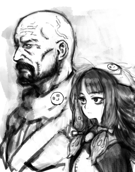 pon (tab rasa), original, 1boy, 1girl, bags under eyes, bald, beard, brooch, cape, closed mouth, facial hair, greyscale, headscarf, jewelry, long hair, looking ahead, low-tied sidelocks, monochrome, mustache, scarf, serious, side-by-side, sidelocks, simple background, smiley face, upper body, veins, wrinkled skin