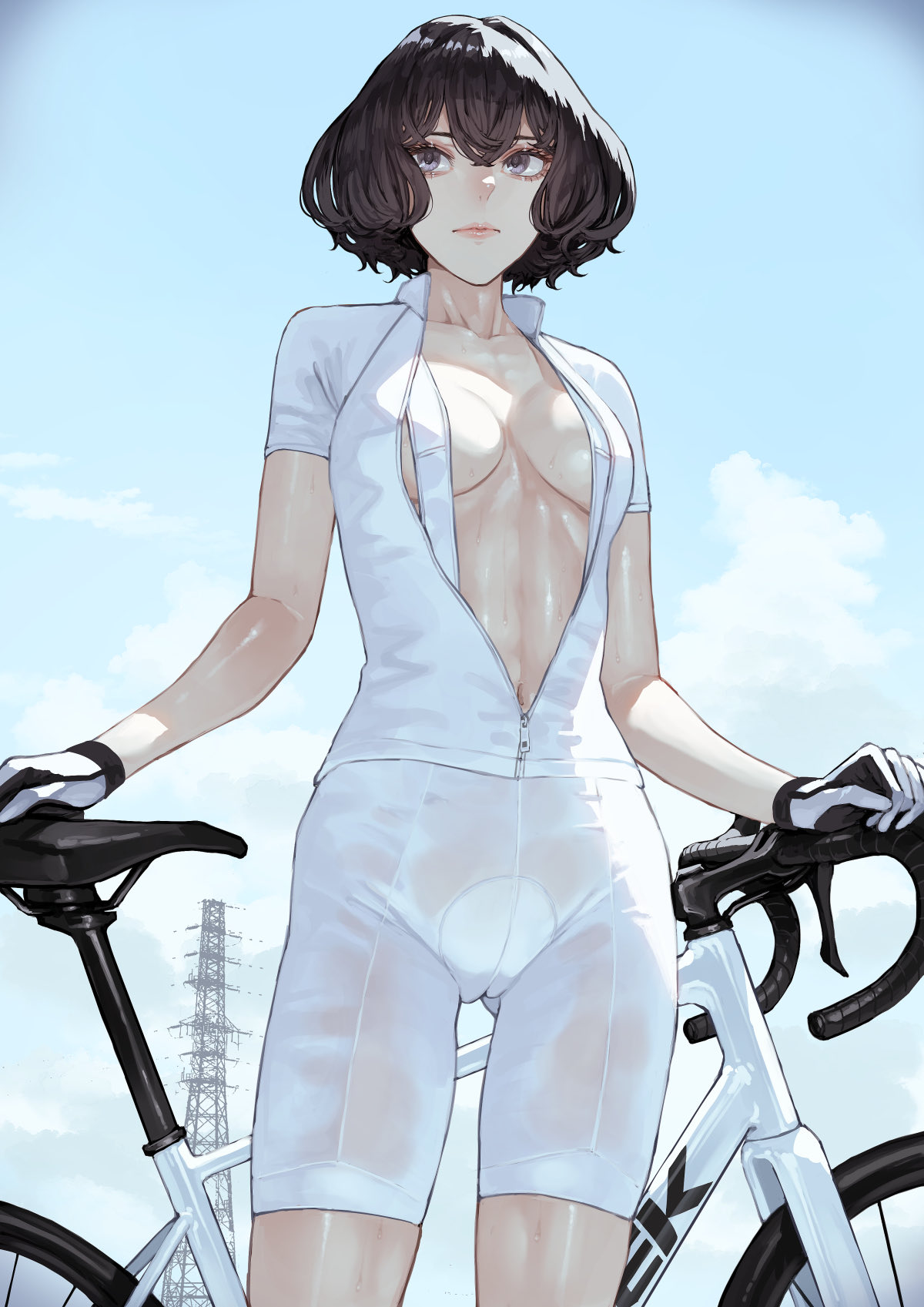 kaoming, highres, 1girl, bicycle, bike shorts, blue eyes, bodysuit, breasts, brown hair, cameltoe, cleavage, gloves, medium breasts, navel, power lines, see-through clothes, shirt, short hair, sky, suspenders, sweat, white bodysuit