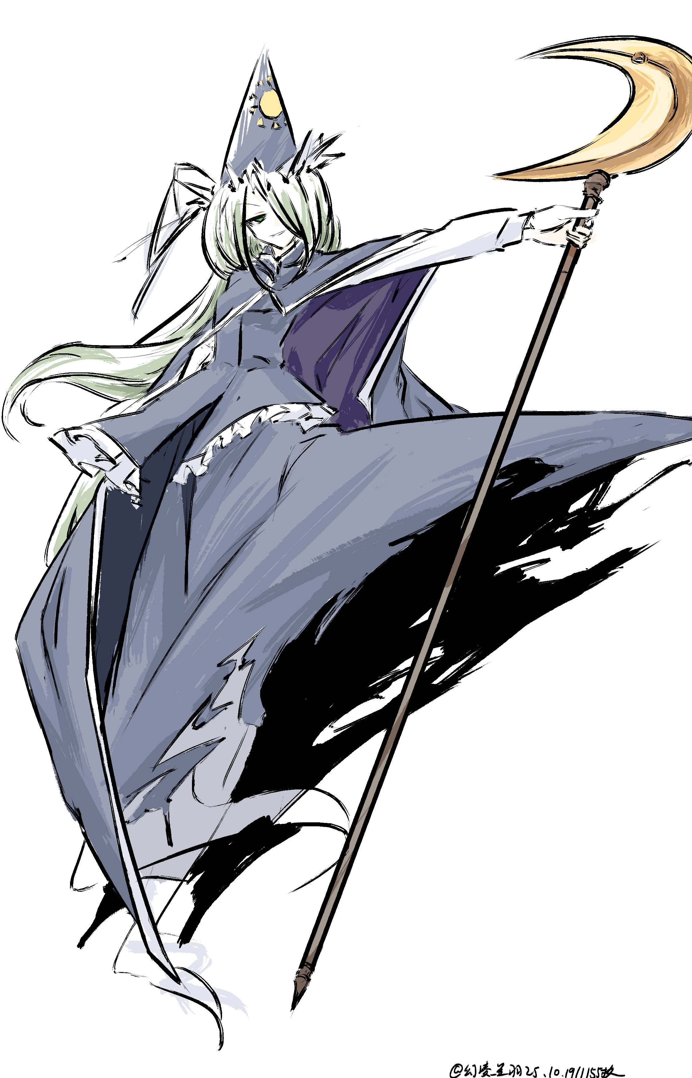 ve1024, mima (touhou), touhou, touhou (pc-98), absurdres, chinese commentary, commentary request, highres, mixed-language commentary, 1girl, artist name, blue cape, blue hat, blue shirt, blue skirt, cape, crescent, dated, full body, ghost tail, green eyes, green hair, hair over one eye, hat, holding, holding staff, long hair, long sleeves, looking at viewer, one-hour drawing challenge, purple cape, shirt, simple background, skirt, smile, solo, staff, sun print, two-sided cape, two-sided fabric, very long hair, white background, wizard hat