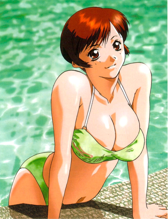 toyohara etsuko, super real mahjong, 1990s (style), 1girl, bikini, breasts, brown eyes, brown hair, cleavage, female focus, green bikini, large breasts, pool, retro artstyle, short hair, smile, solo, swimsuit, water