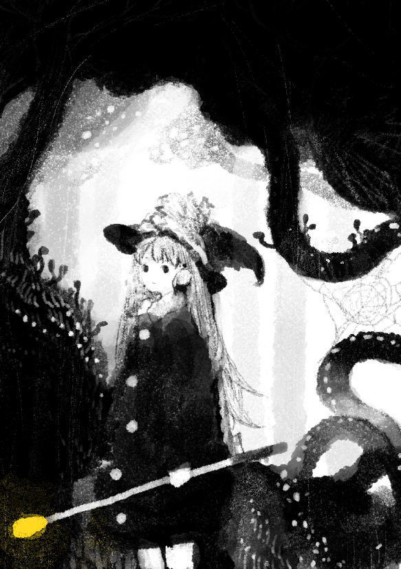 pon (tab rasa), original, commentary request, 1girl, arms at sides, buttons, cave interior, closed mouth, feet out of frame, glowing staff, greyscale, hat, holding, holding staff, long hair, long sleeves, looking at viewer, monochrome, robe, solid oval eyes, solo, spot color, staff, standing, tentacles, witch, witch hat