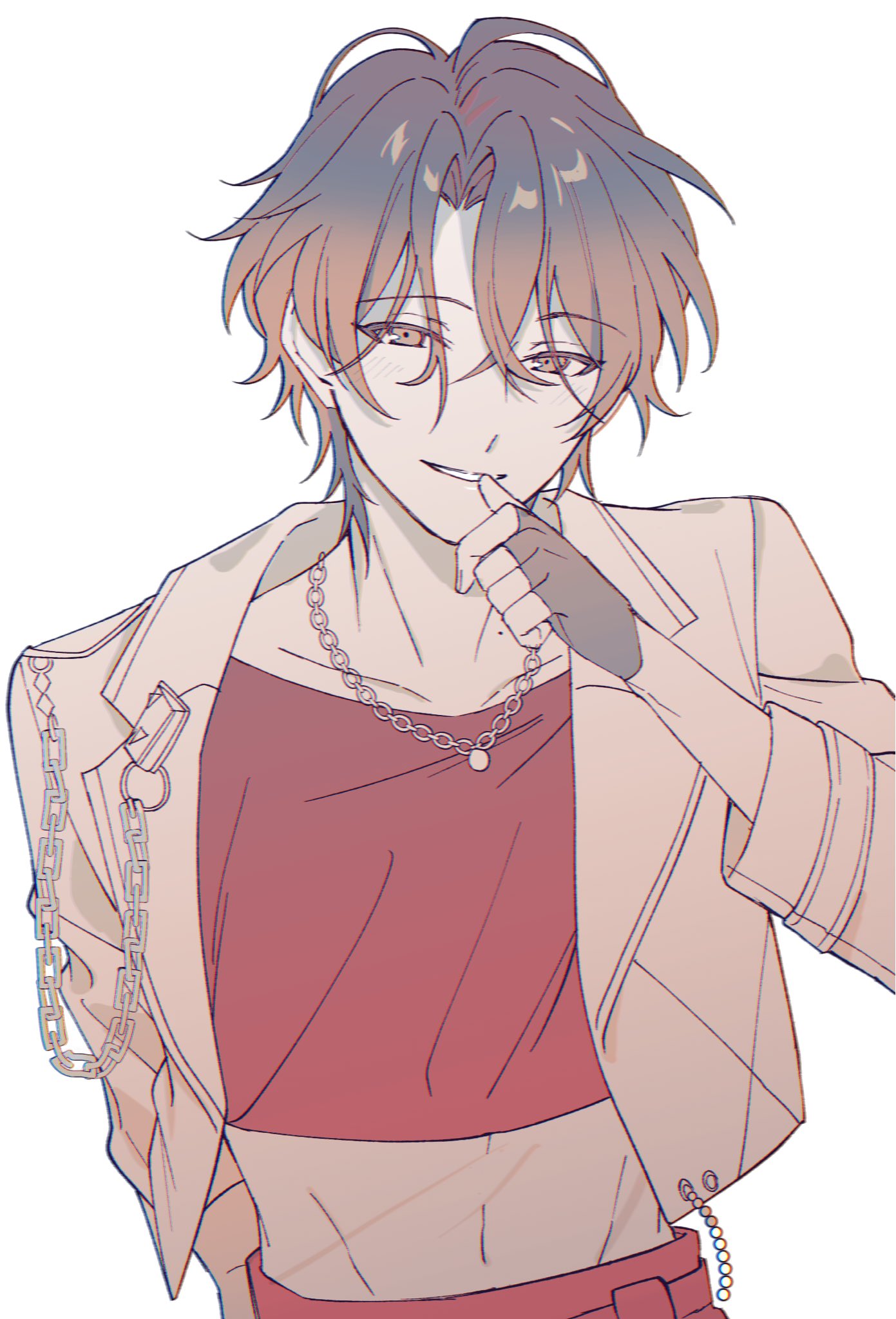 ensemble stars!, commentary request, highres, 1boy, chain, clenched teeth, fingerless gloves, gloves, hand up, jacket, jewelry, limited palette, looking at viewer, male focus, midriff, mole, mole on neck, navel, necklace, open clothes, open jacket, short hair, simple background, smile, solo, teeth, three-quarter sleeves, tsuzura chitose, upper body, urakiarumu, white background