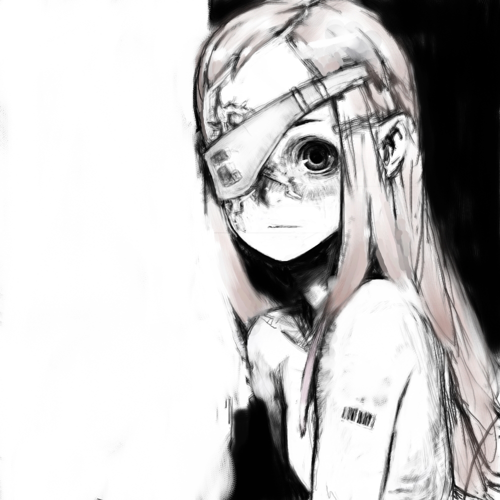 pon (tab rasa), original, commentary request, 1girl, barcode, barcode tattoo, blonde hair, blush, breasts, closed mouth, eyepatch, greyscale, long hair, looking at viewer, monochrome, nude, one eye covered, scar, scar on face, short bangs, shoulder tattoo, simple background, small breasts, solo, spot color, swept bangs, tattoo, two-tone background, upper body