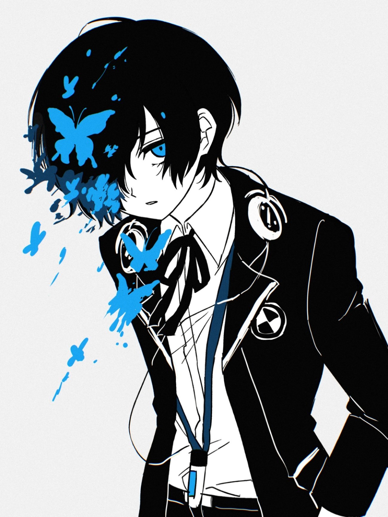 shiryoku kensa, yuuki makoto (persona 3), persona, persona 3, highres, 1boy, black hair, black jacket, black ribbon, blue butterfly, blue eyes, bug, butterfly, digital media player, digital walkman, gekkoukan high school uniform, hair over one eye, insect, jacket, looking at viewer, male focus, open clothes, open jacket, parted lips, partially colored, ribbon, school uniform, shirt, short hair, simple background, solo, upper body, walkman nw-s203f, white background, white shirt