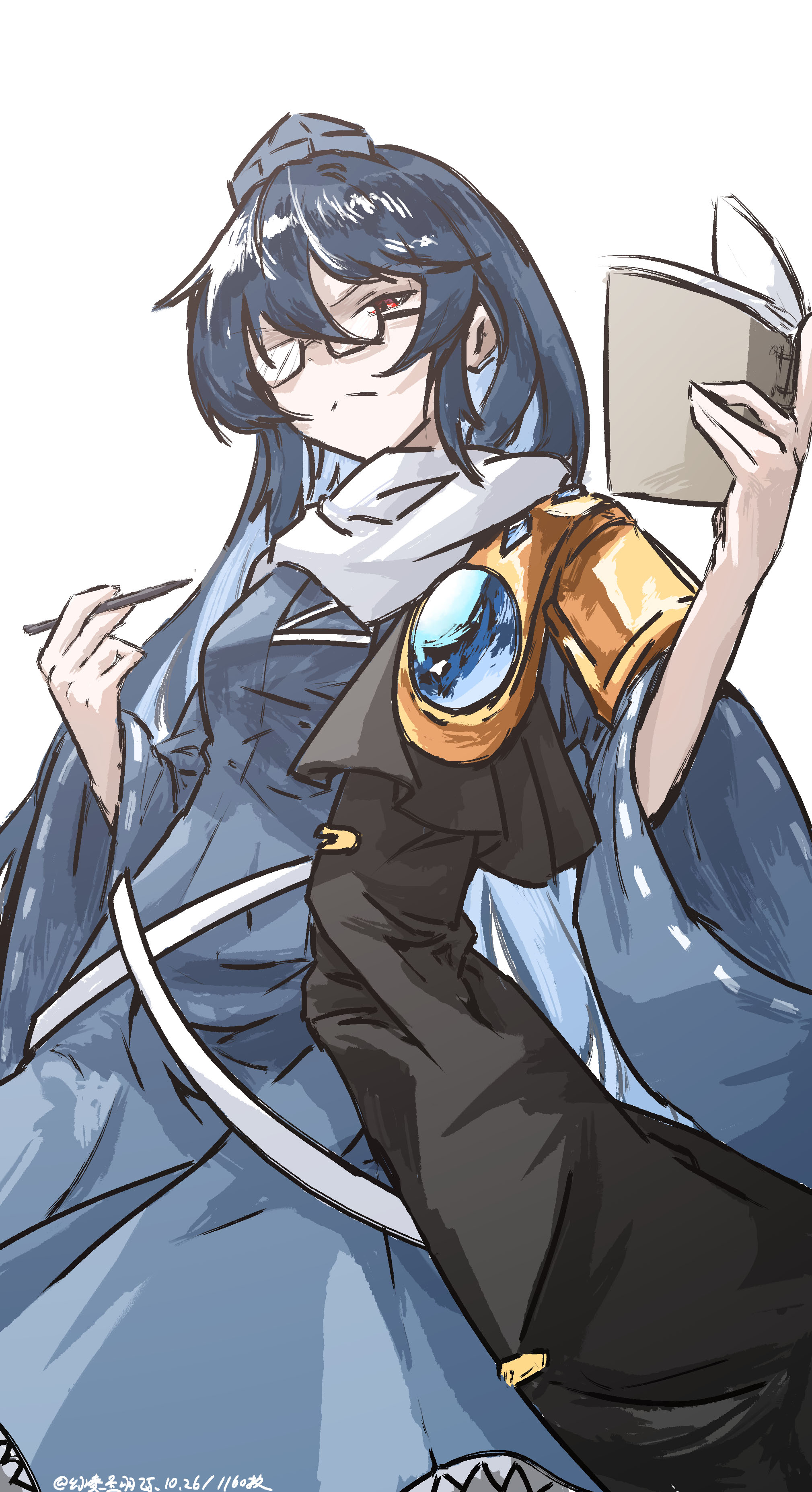 ve1024, iizunamaru megumu, touhou, absurdres, commentary request, highres, 1girl, artist name, bespectacled, black coat, blue dress, blue hair, blue hat, breasts, closed mouth, coat, dated, dress, frown, glasses, hat, holding, holding notebook, holding pen, long hair, long sleeves, looking at viewer, notebook, one-hour drawing challenge, pen, red eyes, ribbon-trimmed sleeves, ribbon trim, shoulder guard, simple background, sleeveless, sleeveless coat, solo, surcoat, tokin hat, tripod, white background, wide sleeves