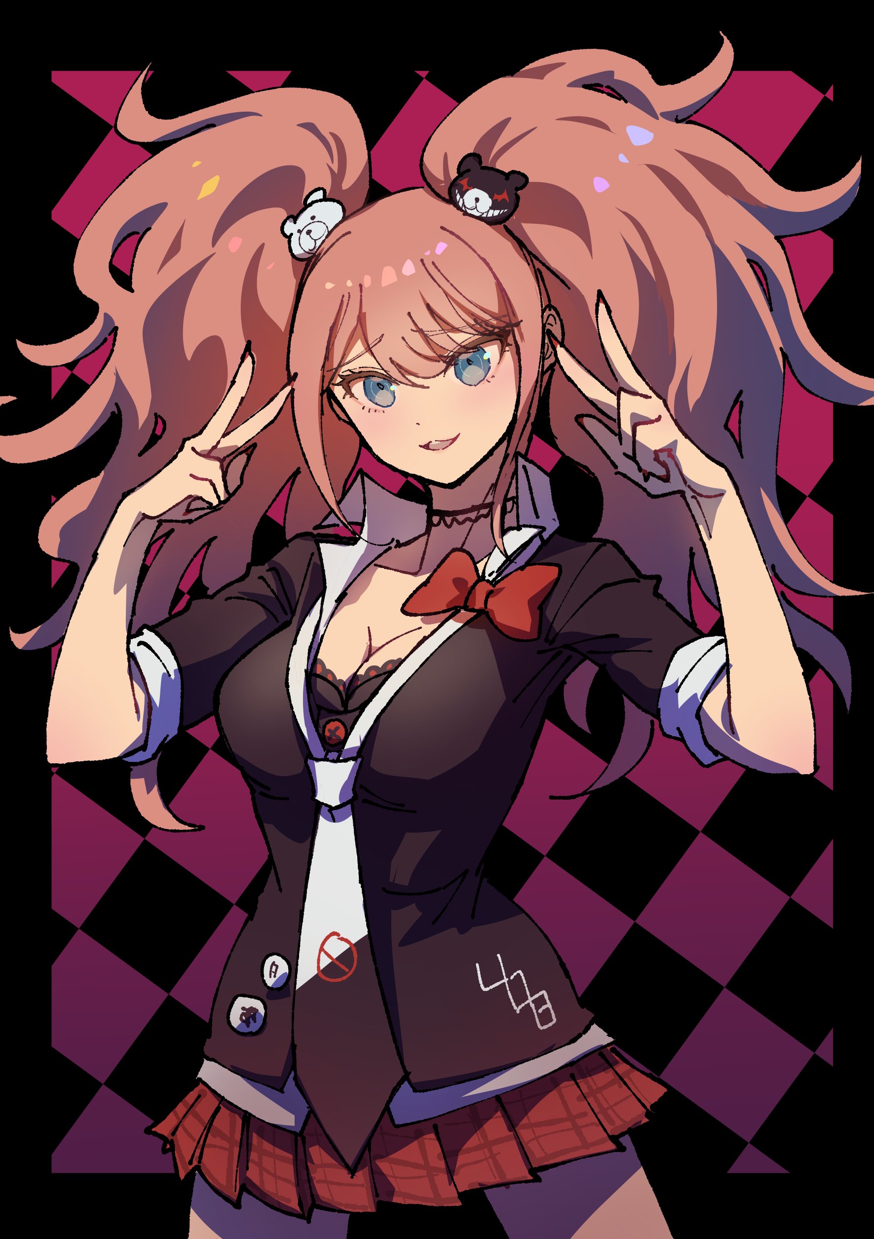 youko-shima, enoshima junko, danganronpa: trigger happy havoc, danganronpa (series), absurdres, highres, 1girl, bear hair ornament, big hair, black shirt, blonde hair, blue eyes, bow, breasts, choker, cleavage, collarbone, hair ornament, large breasts, long hair, looking at viewer, necktie, red bow, red skirt, shirt, skirt, smile, solo, teeth, twintails, two-tone necktie, white necktie