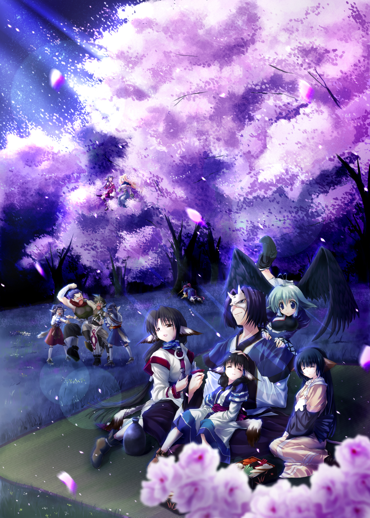 kochipu, kochipu2, aruruu, benawi, camyu, dorry (utawarerumono), eruruu, guraa, hakuowlo, karulau, kurou (utawarerumono), oboro (utawarerumono), touka (utawarerumono), ulthury, yuzuha (utawarerumono), utawarerumono, bad id, bad pixiv id, highres, 00s, 5boys, 6+girls, alcohol, animal ears, bento, brothers, cherry blossoms, doriyu, head wings, long hair, multiple boys, multiple girls, nature, night, ponytail, purple hair, sake, siblings, twins, wings