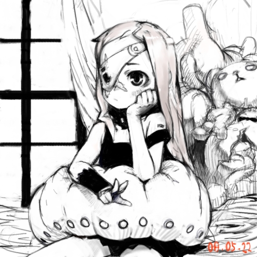 pon (tab rasa), original, commentary request, 1girl, animal, animal on lap, barcode, barcode tattoo, blonde hair, blush, closed mouth, curtains, dated, dress, eyepatch, feet out of frame, greyscale, hand on own chin, head rest, long hair, looking at viewer, maggot, monochrome, on lap, one eye covered, oversized animal, panties, scar, scar on face, short bangs, short dress, shoulder tattoo, sitting, solo, spot color, strap slip, stuffed animal, stuffed toy, swept bangs, tattoo, teddy bear, underwear, w, window