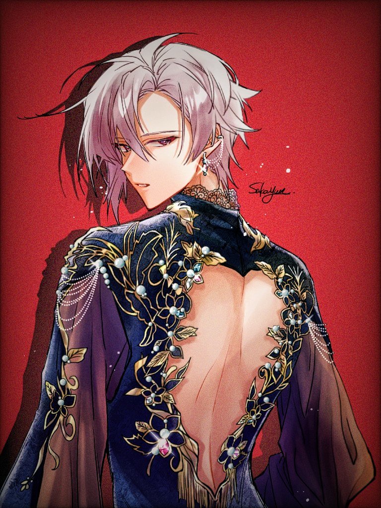 kujou tenn, idolish7, 1boy, back, ear chain, flower, from behind, grey hair, linked piercing, male focus, parted lips, piercing, red background, sakayume (sakayume 1103), short hair, sideways glance, signature, solo, upper body
