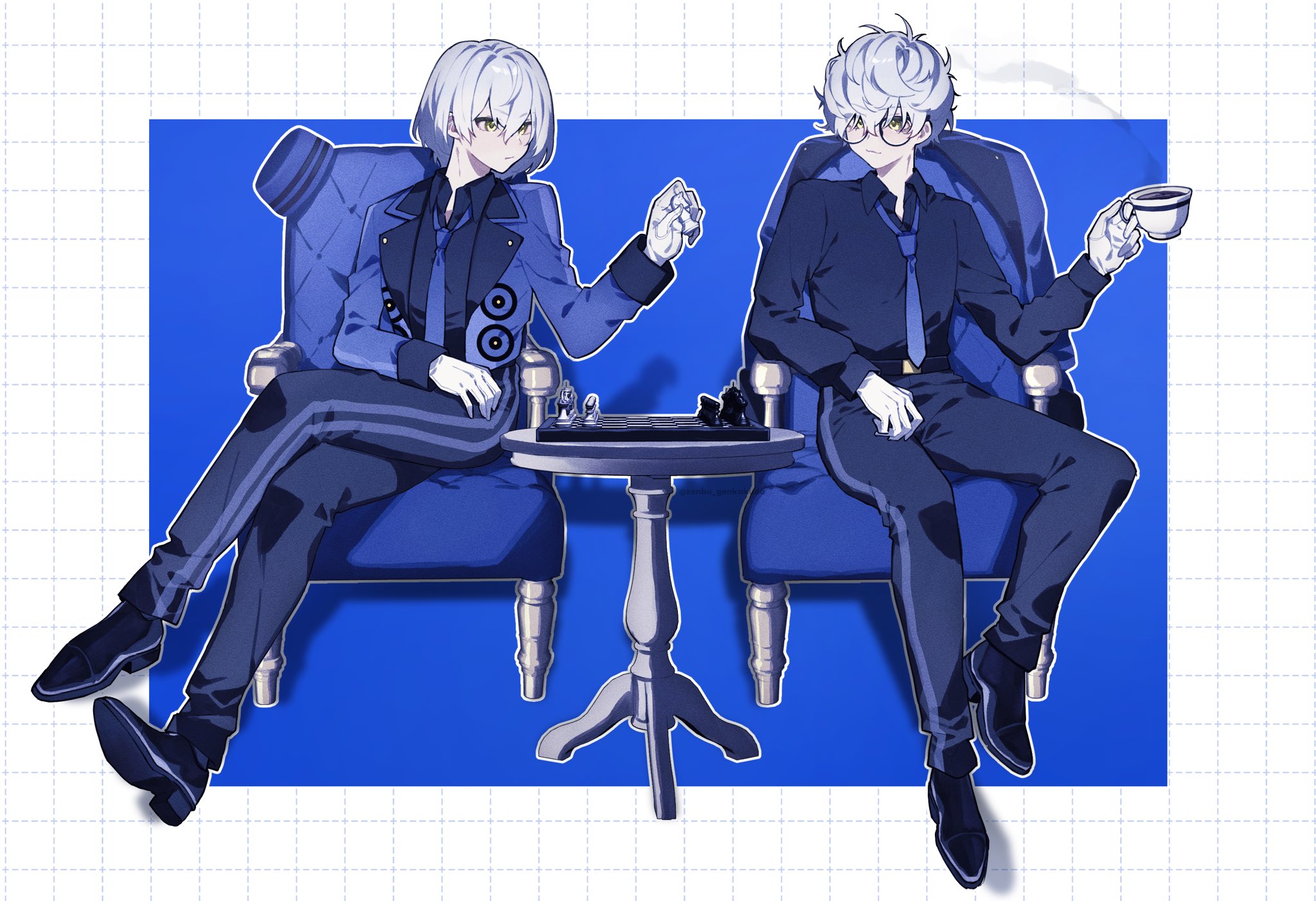 zenbu genkakuda, akechi gorou, amamiya ren, persona, persona 5, commentary request, highres, 2boys, :3, alternate costume, alternate hair color, armchair, black-framed eyewear, blue background, blue jacket, blue necktie, blue pants, blue shirt, blue shoes, board game, border, chair, chess, chessboard, closed mouth, cup, full body, glasses, gloves, grid border, hair between eyes, hand up, holding, holding cup, jacket, lapels, male focus, multiple boys, necktie, open clothes, open jacket, outside border, pants, shirt, shoes, short hair, sitting, table, turning head, velvet room, white border, white gloves, white hair, yellow eyes