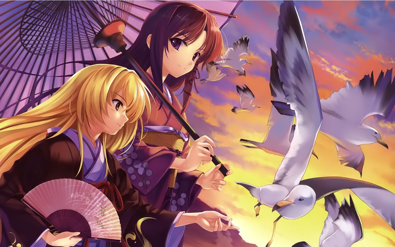 kuroya shinobu, misaki kurehito, kuze kiriha, sendou kaya, fortune arterial, hazuki (company), 2girls, bird, blonde hair, brown hair, folding fan, hand fan, holding, holding umbrella, japanese clothes, long hair, multiple girls, oil-paper umbrella, seagull, smile, sunset, umbrella