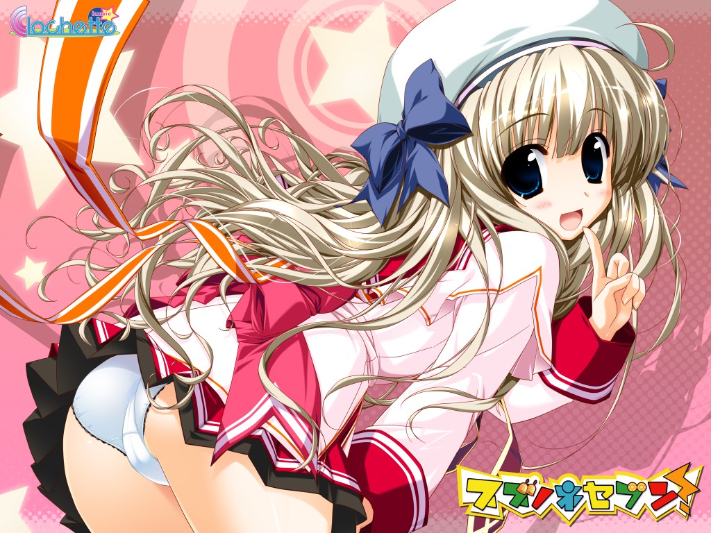 oshiki hitoshi, daikan'yama sumire, suzunone seven, 1girl, bent over, blonde hair, blue eyes, blush, bow, female focus, happy, hat, long hair, panties, pointing, school uniform, skirt, solo, trefoil, underwear, white panties