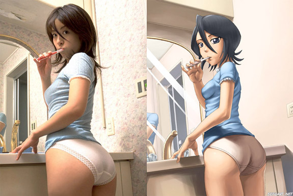 kuchiki rukia, bleach, reference photo, bathroom, mirror