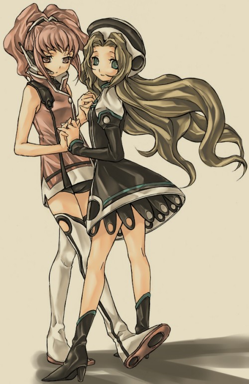 sonnnabakana, anya alstreim, nunnally vi britannia, code geass, 00s, 2girls, brown hair, casual, hat, multiple girls, pink eyes, pink hair, thighhighs