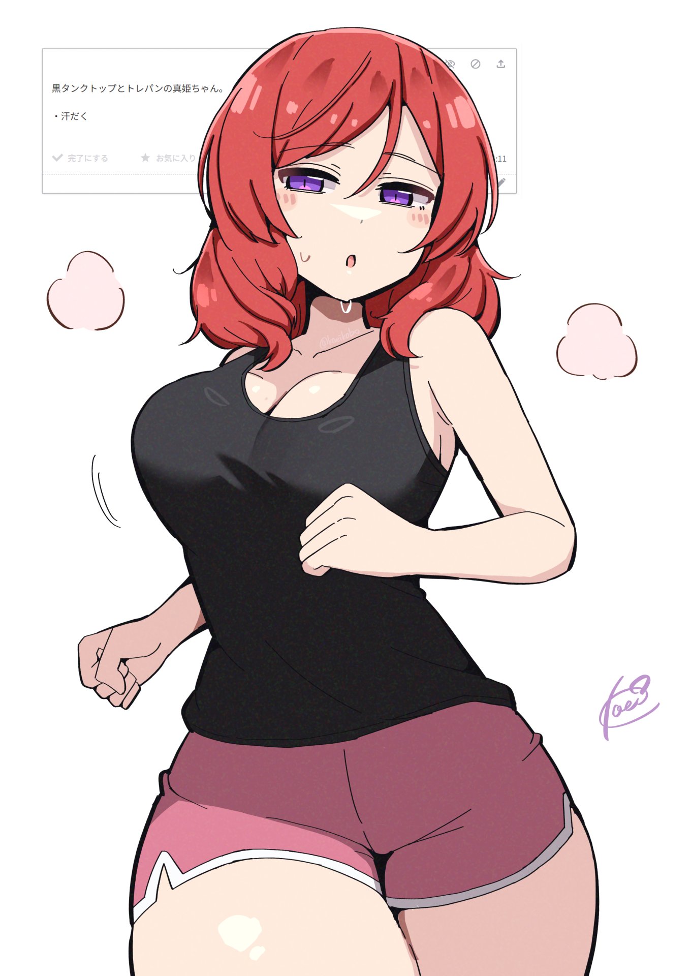 kooei, nishikino maki, love live!, love live! school idol project, 1girl, black shirt, black tank top, blush, bouncing breasts, breasts, cleavage, gym shorts, japanese text, jogging, large breasts, medium hair, open mouth, pink shorts, purple eyes, red hiar, request inset, shirt, short shorts, shorts, signature, sleeveless, sleeveless shirt, solo, standing, sweat, tank top, thick thighs, thighs, white background