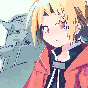 asami natsuhito, alphonse elric, edward elric, fullmetal alchemist, archived source, lowres, 2boys, black jacket, black shirt, blonde hair, brown eyes, closed mouth, coat, collared jacket, fake horns, grey horns, hair intakes, helmet, high collar, hood, hood down, hooded coat, horned helmet, horns, jacket, jaggy lines, living armor, low ponytail, male focus, multiple boys, ponytail, profile, red coat, red hood, shirt, short hair, simple background, single horn, white background