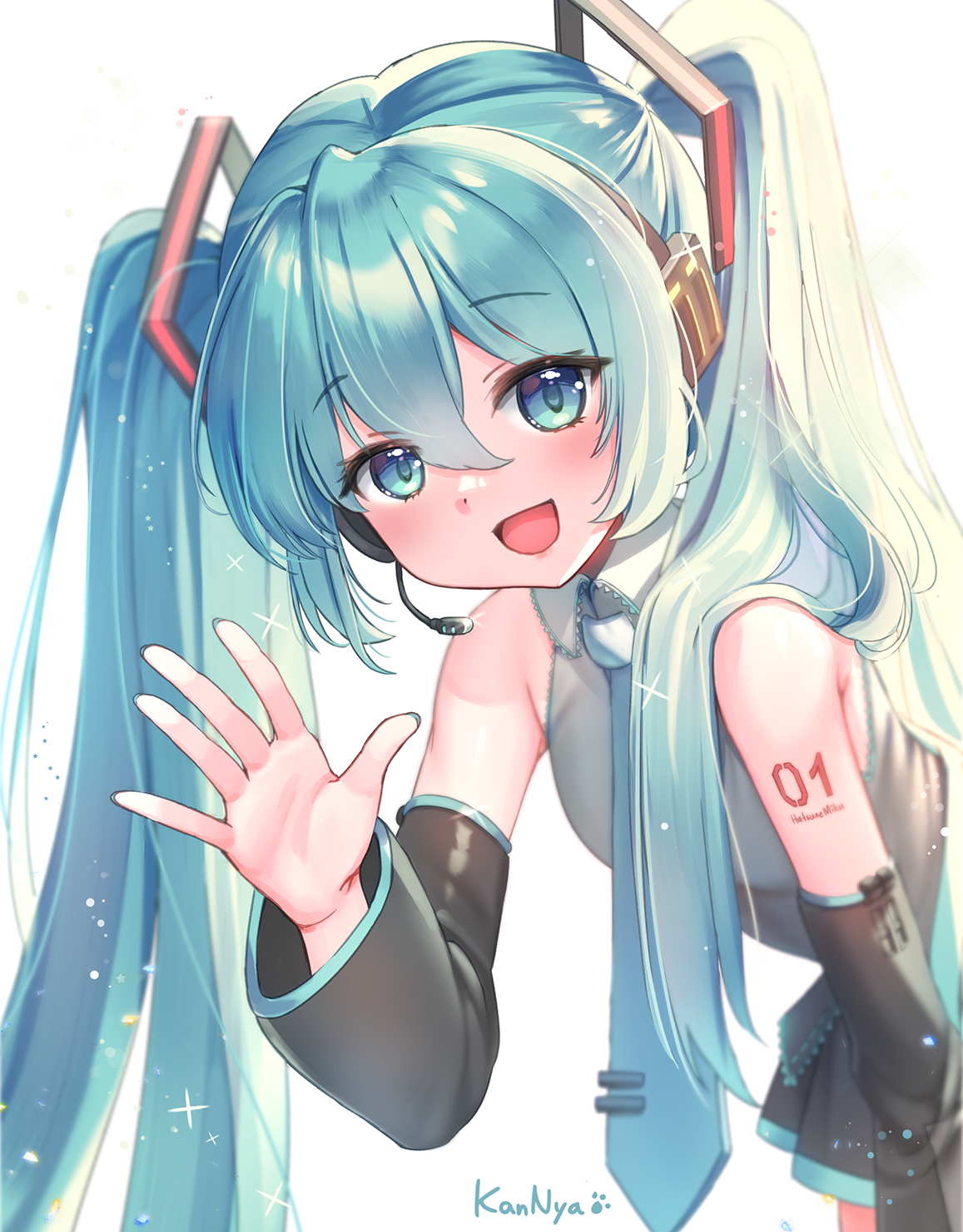 kannya (nzkannya), hatsune miku, vocaloid, highres, 1girl, aqua eyes, aqua hair, aqua nails, aqua necktie, aqua trim, arm tattoo, black skirt, blush, collared shirt, detached sleeves, grey shirt, hair between eyes, hair ornament, headset, long sleeves, looking at viewer, necktie, number tattoo, open mouth, pleated skirt, shirt, simple background, skirt, smile, solo, tattoo, twintails, white background, wide sleeves
