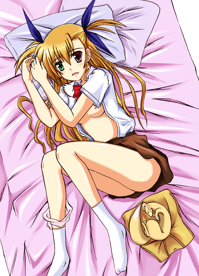 sakazaki akira, zakkii, vivio, yuuno scrya, lyrical nanoha, mahou shoujo lyrical nanoha, mahou shoujo lyrical nanoha strikers, bad id, bad pixiv id, 00s, 1girl, bed, blonde hair, blush, bow, breasts, female focus, ferret, hair ribbon, heterochromia, long hair, open clothes, open mouth, open shirt, panties, panties around leg, ribbon, school uniform, shirt, skirt, solo, underwear