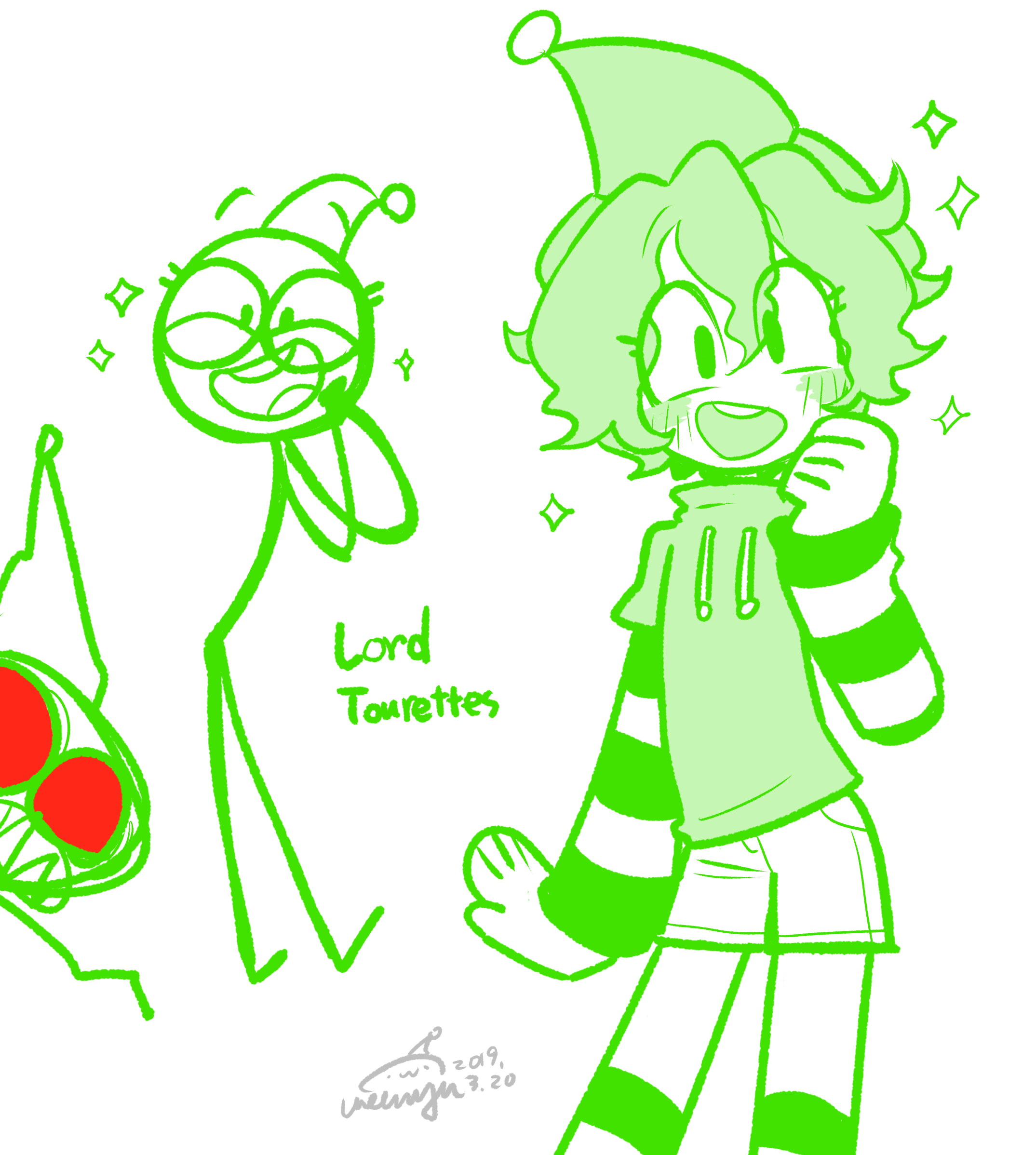 amy7996659, chinese commentary, commentary request, highres, 2019, 2boys, :d, animification, arm at side, artist name, blush, character name, contrapposto, cowboy shot, dated, dick figures, double-parted bangs, drawstring, dual persona, green eyes, green hair, green thighhighs, hair between eyes, hand on own cheek, hand on own face, hand up, hat, hat bell, layered sleeves, long sleeves, looking at viewer, lord tourettes, male focus, multiple boys, open mouth, shirt, short hair, short over long sleeves, short sleeves, shorts, simple background, smile, sparkle, standing, stick figure, striped clothes, striped thighhighs, teeth, thighhighs, turtleneck, turtleneck shirt, upper teeth only, white background