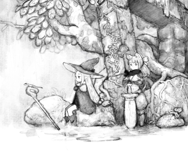 pon (tab rasa), original, 2girls, animal ear fluff, animal ears, armor, boots, cape, cat ears, cat girl, cropped shirt, elf, gauntlets, greatsword, greyscale, hair bobbles, hair ornament, hat, lizard, long hair, long pointy ears, low-tied long hair, low ponytail, midriff, monochrome, multiple girls, navel, pauldrons, planted, planted sword, planted weapon, pointy ears, ponytail, puffy pants, ruins, shoulder armor, sitting, staff, standing, sword, tree, veins, weapon, wide shot, witch, witch hat