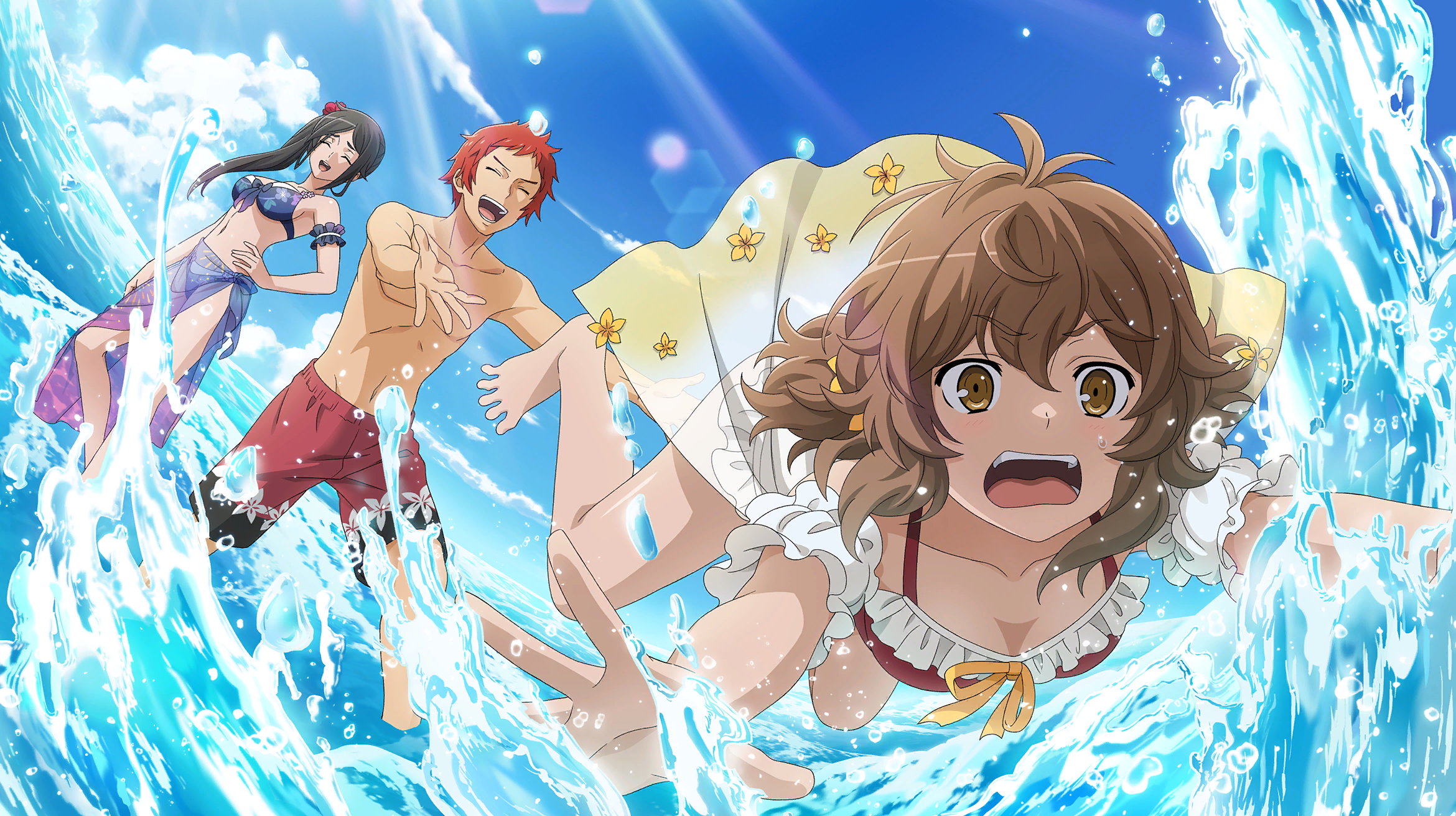 liliruca arde, welf crozzo, yamato mikoto, danmachi battle chronicle, dungeon ni deai wo motomeru no wa machigatteiru darou ka, game cg, highres, non-web source, official art, 1boy, 2girls, :d, anime coloring, antenna hair, bikini, black hair, blue sky, breasts, brown eyes, brown hair, cleavage, closed eyes, day, detached sleeves, falling, floral print, floral print bikini, flower, frilled bikini, frills, hand on own hip, laughing, long hair, low twintails, male swimwear, medium breasts, multiple girls, navel, ocean, official alternate costume, open mouth, outdoors, print bikini, puffy detached sleeves, puffy sleeves, purple bikini, purple sarong, reaching, red bikini, red hair, red male swimwear, sarong, see-through clothes, see-through sarong, short hair, short twintails, side ponytail, sky, small breasts, smile, splashing, stomach, surprised, swim trunks, swimsuit, topless male, twintails, wading, water, water drop, yellow flower