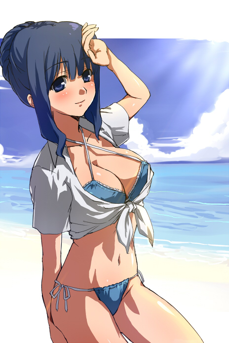 xiangtu, original, bad id, bad pixiv id, 1girl, beach, bikini, black hair, blue eyes, blue hair, blush, breasts, cleavage, cloud, day, female focus, front-tie top, large breasts, matching hair/eyes, ocean, open clothes, open shirt, outdoors, shirt, side-tie bikini bottom, sky, smile, solo, swimsuit, tied shirt