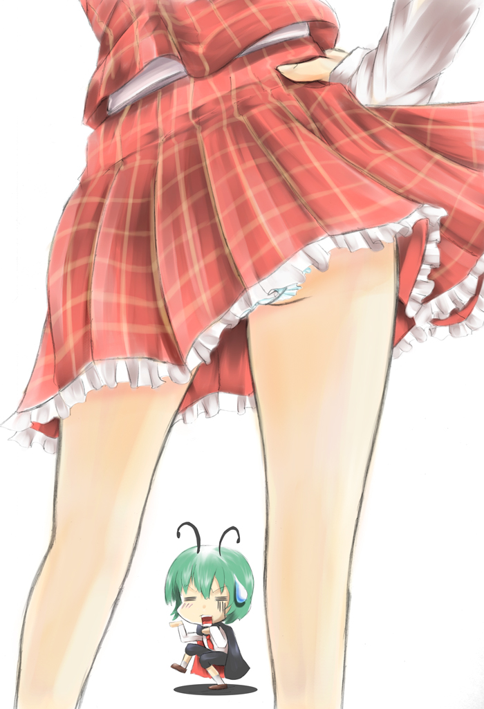 r0g0b0, kazami yuuka, wriggle nightbug, touhou, bad id, bad pixiv id, derivative work, 2girls, = =, antennae, ass, blue panties, cape, chibi, female focus, frilled panties, frills, green hair, hand on own hip, hip focus, miniskirt, multiple girls, necktie, open mouth, panties, plaid clothes, plaid skirt, plaid vest, shadow, skirt, skirt set, standing, sweatdrop, underwear, upskirt, vest, you gonna get raped