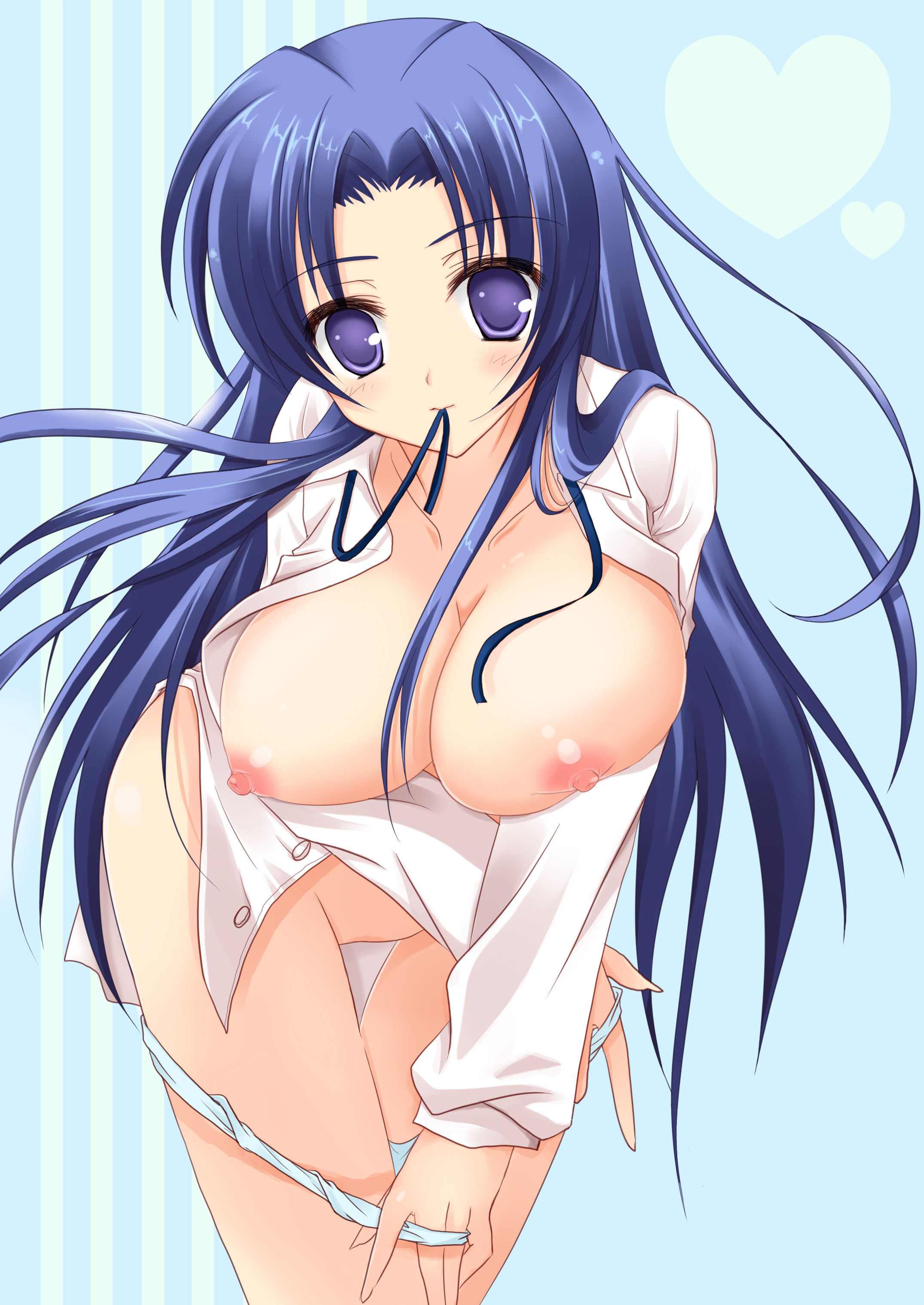 rinka (yuyutei), kawashima ami, toradora!, absurdres, highres, 00s, 1girl, blue eyes, blue hair, breasts, female focus, large breasts, long hair, matching hair/eyes, mouth hold, nipples, open clothes, open shirt, panties, panty pull, shirt, solo, uncensored, underwear, undressing