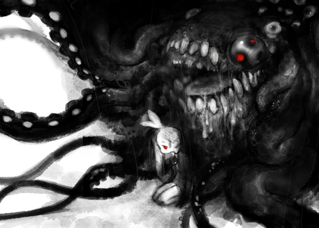 pon (tab rasa), original, 1girl, bow, drooling, eyeball, greyscale, hair bow, horror (theme), long hair, long sleeves, monochrome, monster, red eyes, seiza, sharp teeth, shirt, sitting, solo, spot color, teeth, tentacles, too many eyes, wide shot