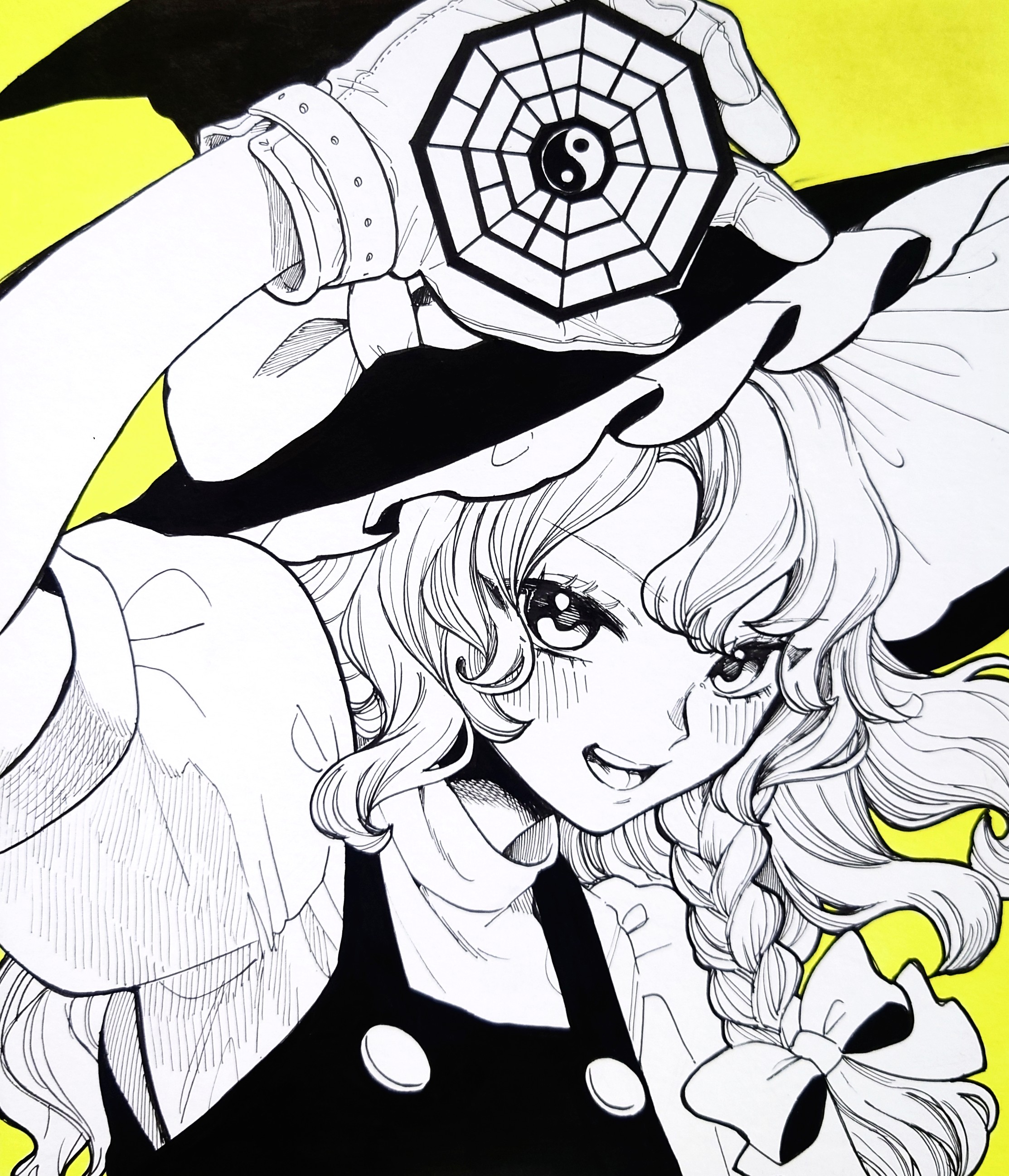 whoru, kirisame marisa, touhou, absurdres, highres, traditional media, 1girl, black vest, blush, braid, buttons, collared shirt, curly hair, eyelashes, frilled hat, frills, gloves, hair ribbon, hand up, hat, hat ribbon, holding, holding weapon, limited palette, long eyelashes, long hair, mini-hakkero, open mouth, parted bangs, puffy short sleeves, puffy sleeves, ribbon, ribbon braid, shirt, short sleeves, simple background, smile, teeth, turtleneck, vest, weapon, witch, witch hat, yellow background, yin yang