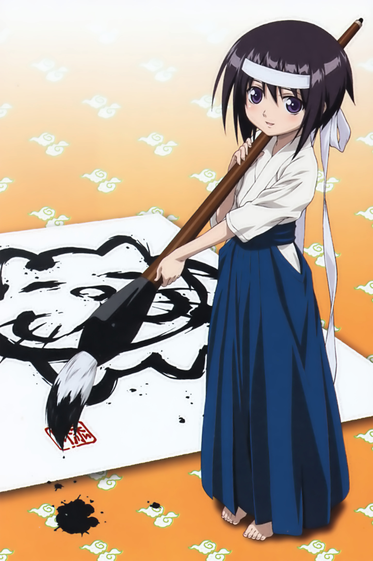 kawazoe tamaki, bamboo blade, highres, 00s, 1girl, barefoot, black hair, blue hakama, bob cut, calligraphy, calligraphy brush, female focus, full body, giant brush, hakama, hakama skirt, headband, japanese clothes, miko, paintbrush, purple eyes, skirt, solo