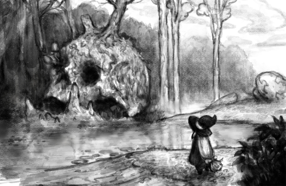 pon (tab rasa), original, 1girl, day, facing away, from behind, giant skull, greyscale, hat, long hair, low-tied long hair, monochrome, nature, outdoors, overgrown, pond, robe, scenery, skull, solo, standing, tree, very long hair, wide shot, witch, witch hat