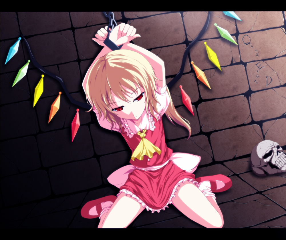 isa, flandre scarlet, touhou, bad id, bad pixiv id, 1girl, bdsm, blonde hair, bondage, bound, child, cuffs, dungeon, female focus, letterboxed, ponytail, red eyes, shackles, short hair, side ponytail, skirt, skull, solo, wings