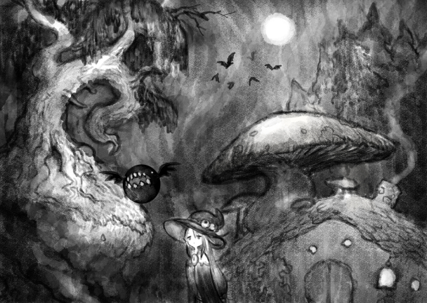 pon (tab rasa), original, 1girl, chimney, closed mouth, cottage (building), creature, expressionless, forest, full moon, giant mushroom, greyscale, hat, long hair, monochrome, moon, mushroom, nature, night, outdoors, robe, scenery, smoke, smoke trail, solo, tree, very long hair, wide shot, witch, witch hat