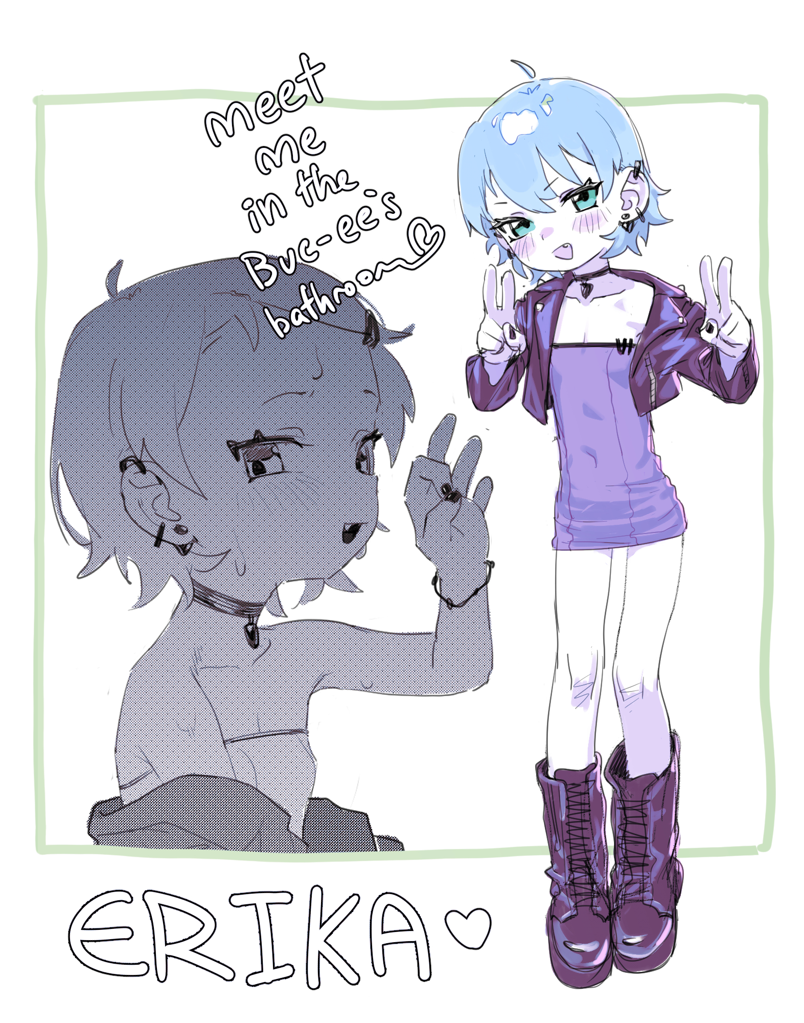 kusamori, erika (kusa mori), original, highres, 1girl, aqua eyes, blue dress, blue hair, boots, breasts, choker, cleavage, double v, dress, earrings, fang, fellatio gesture, jewelry, petite, piercing, short hair, simple background, small breasts, v, white background