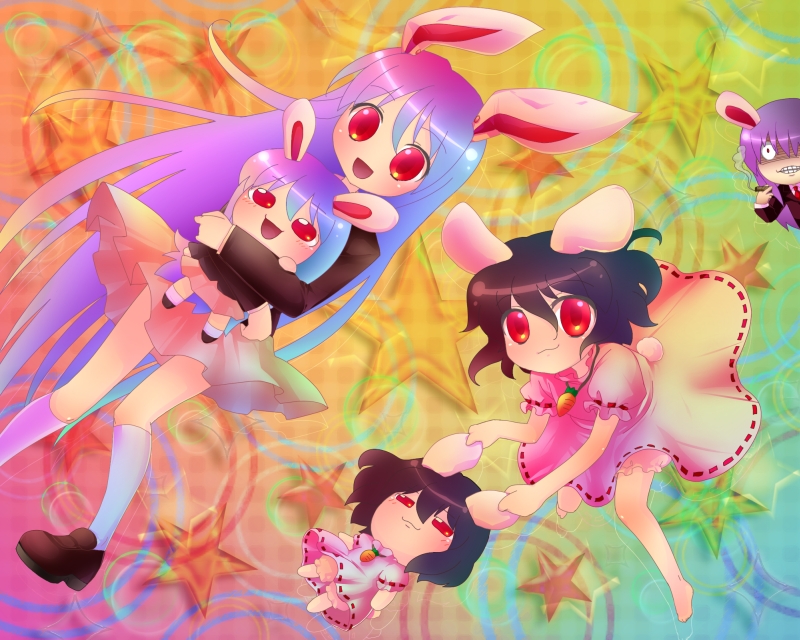 sakurano, inaba tewi, reisen udongein inaba, touhou, 5girls, animal ears, barefoot, black hair, carrot, chibi, cigar, colorful, female focus, gradient background, long hair, multiple girls, purple hair, rabbit ears, red eyes, short hair, skirt, yukkuri shiteitte ne