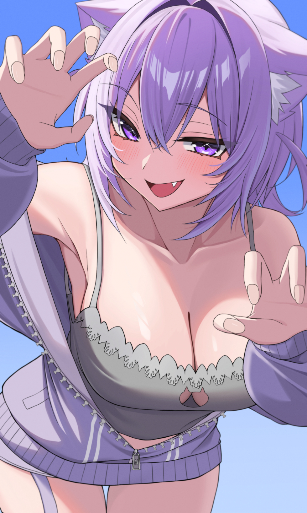 tenpa illust, nekomata okayu, nekomata okayu (membership), hololive, commentary request, highres, 1girl, ahoge, animal ear fluff, animal ears, blush, breasts, camisole, cat cutout, cat ears, cat girl, cleavage, cleavage cutout, clothing cutout, collarbone, glasses, grey camisole, hair between eyes, jacket, leaning forward, medium hair, official alternate costume, official alternate hairstyle, open mouth, paw pose, purple eyes, purple hair, purple jacket, solo, two side up, virtual youtuber