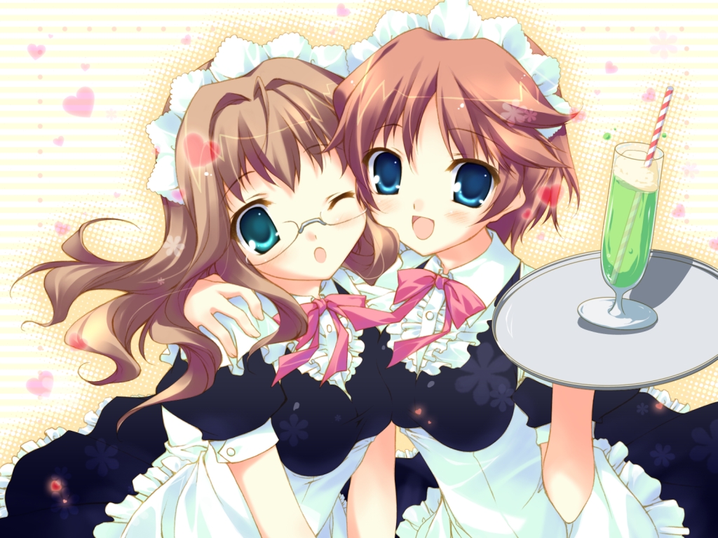 non-web source, 2girls, blue eyes, brown hair, drink, food, glasses, green eyes, ice cream, long hair, maid, multiple girls, one eye closed, short hair, tray, waitress, wink