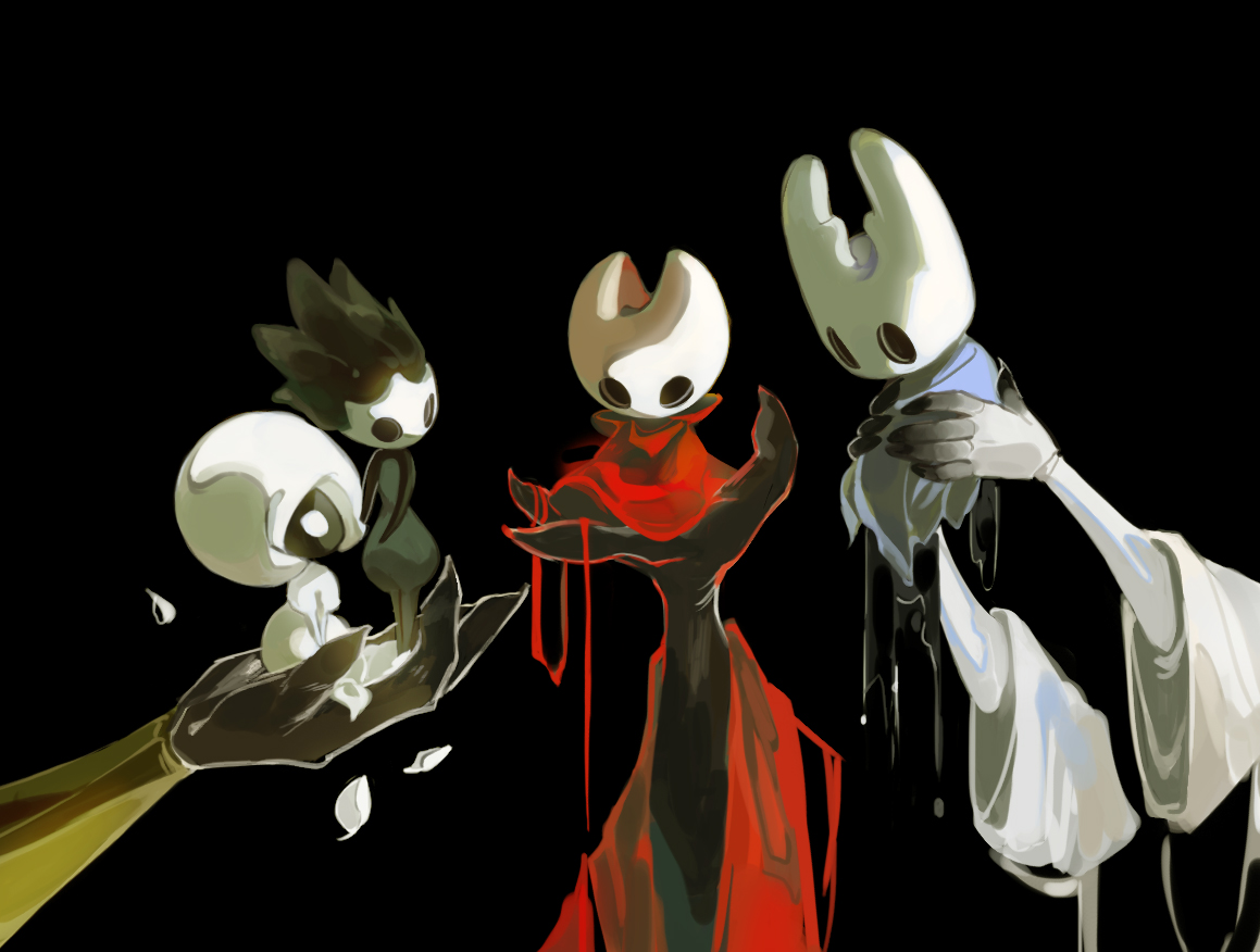 hornet (hollow knight), knight (hollow knight), lace (hollow knight), pale king (hollow knight), phantom (hollow knight), hollow knight, hollow knight: silksong, 2girls, 2others, arthropod girl, black background, black eyes, blankowalska, brown hair, cloak, colored skin, full body, grand mother silk (hollow knight), grey cloak, hat, holding, hollow eyes, horned mask, long sleeves, looking at viewer, mask, multiple girls, multiple others, red cloak, short hair, simple background, sitting, standing, white eyes, white hat, white mask