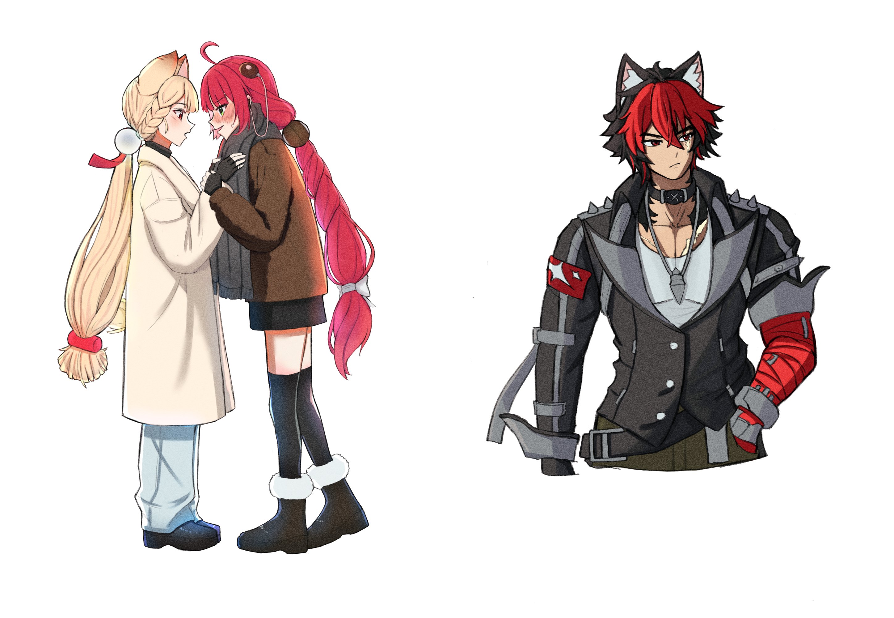 es030103010301, alice thymefield, komano manato, ukinami yuzuha, zenless zone zero, braided twintails, highres, 1boy, 2girls, adjusting another's clothes, adjusting scarf, ahoge, alternate costume, animal ear fluff, animal ears, black gloves, black hair, black shoes, blonde hair, blue pants, blush, body fur, braid, brown coat, closed mouth, coat, collar, collarbone, dog boy, dog ears, fingerless gloves, from side, gloves, green eyes, grey scarf, hair between eyes, hair ornament, hair ribbon, hand in pocket, hearing aid, jewelry, long hair, looking at another, looking to the side, multicolored hair, multiple girls, multiple hair ribbons, multiple scars, muscular, muscular male, necklace, open mouth, pants, pectorals, rabbit ears, rabbit girl, red bandage, red eyes, red hair, ribbon, scar, scar across eye, scar on chest, scar on face, scarf, shirt, shoes, short hair, sphere hair ornament, spiked jacket, twintails, white background, white coat, white ribbon, white shirt, yuri