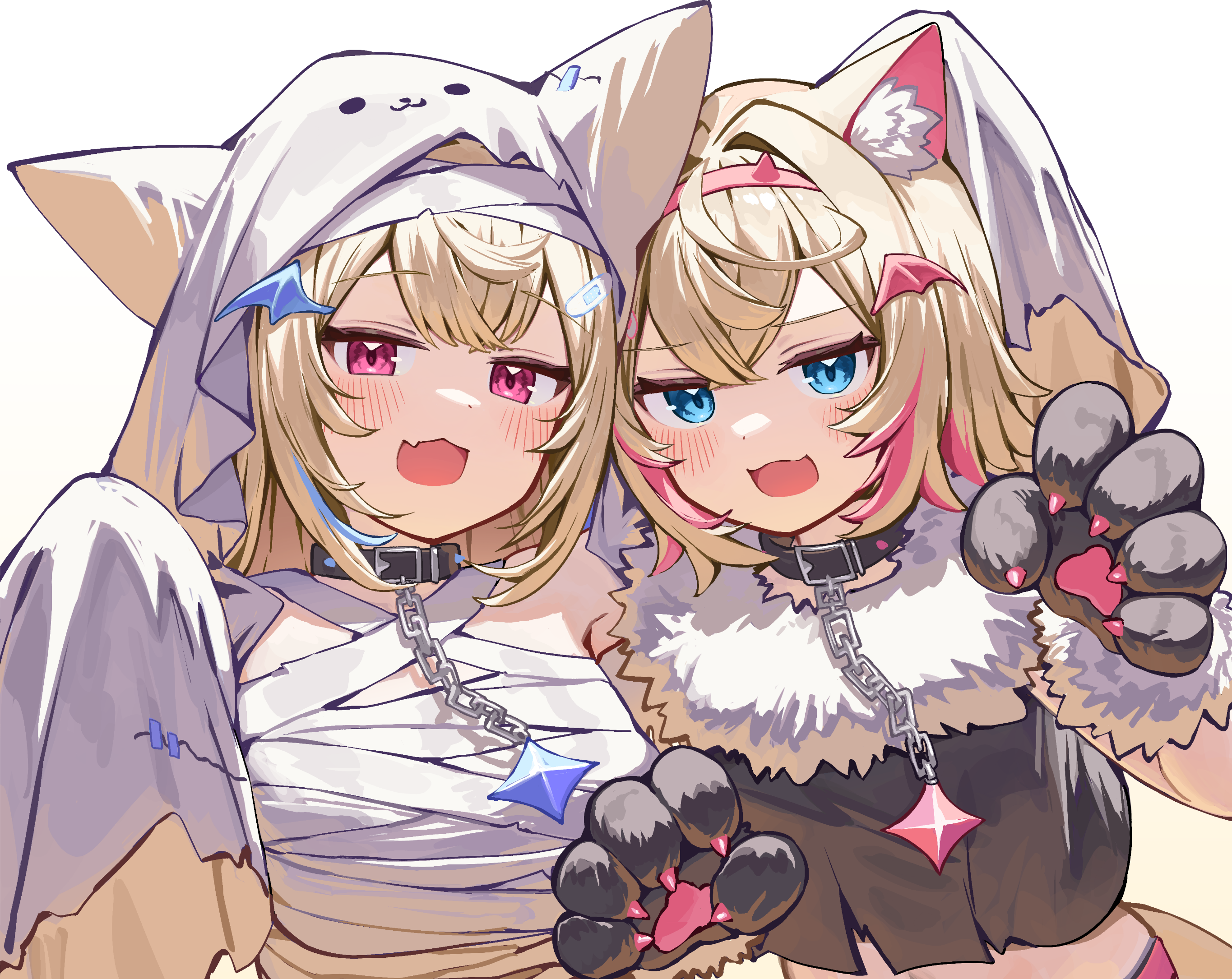 deaver, fuwawa abyssgard, mococo abyssgard, hololive, commentary request, highres, 2girls, animal ears, animal hands, aqua eyes, aqua hair, black choker, black shirt, blush, breasts, choker, dog ears, dog girl, gloves, halloween, halloween costume, large breasts, long hair, looking at viewer, multiple girls, mummy costume, open mouth, paw gloves, pink eyes, pink hair, shirt, short hair, siblings, simple background, sisters, smile, twins, upper body, virtual youtuber, werewolf costume, white background