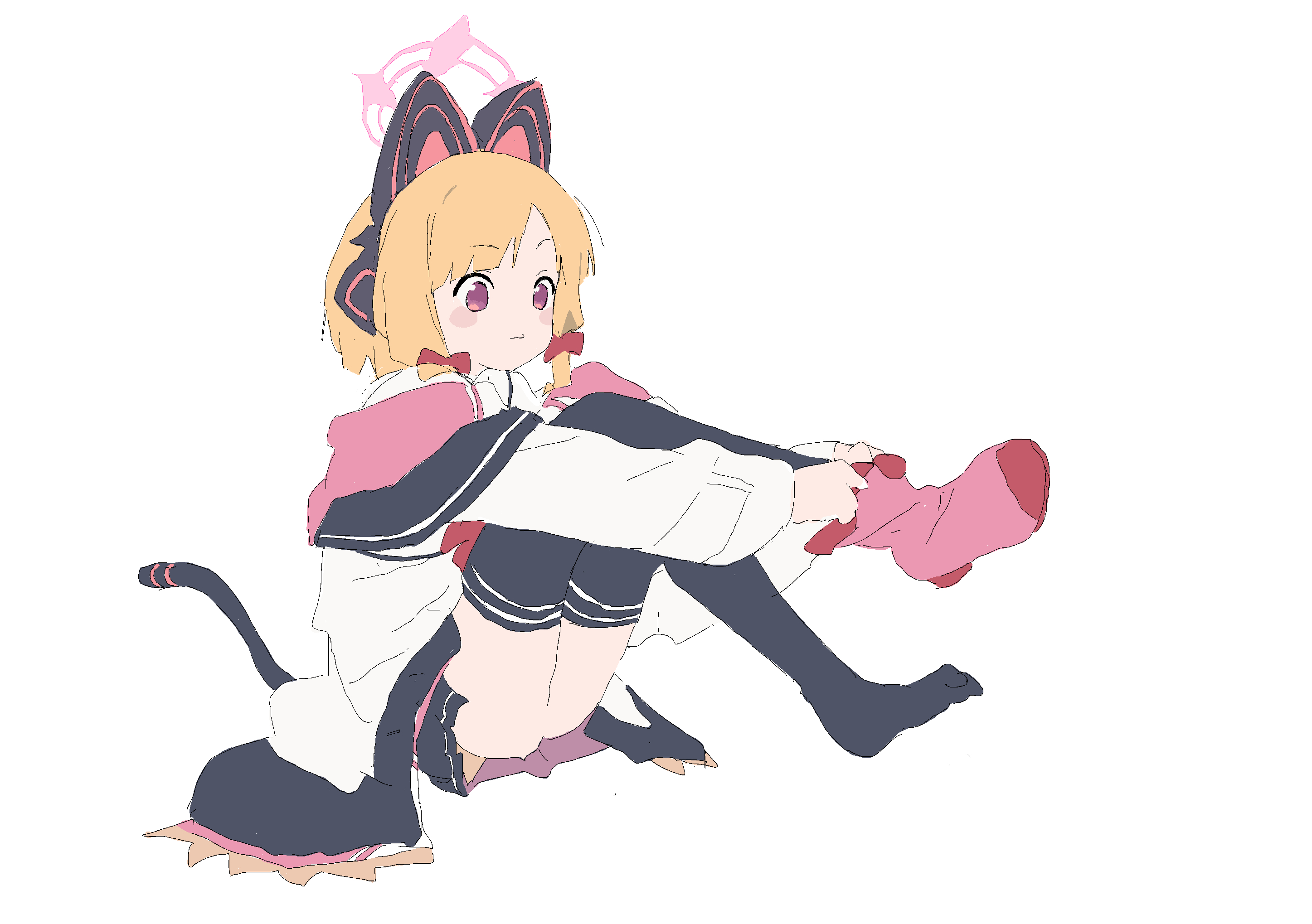 mmmkawaine, momoi (blue archive), blue archive, highres, animal ear headphones, animal ears, blonde hair, cat ear headphones, cat ears, fake animal ears, hair ribbon, halo, headphones, jacket, pink halo, pink socks, ribbon, simple background, sketch, skirt, socks, thighhighs, white background