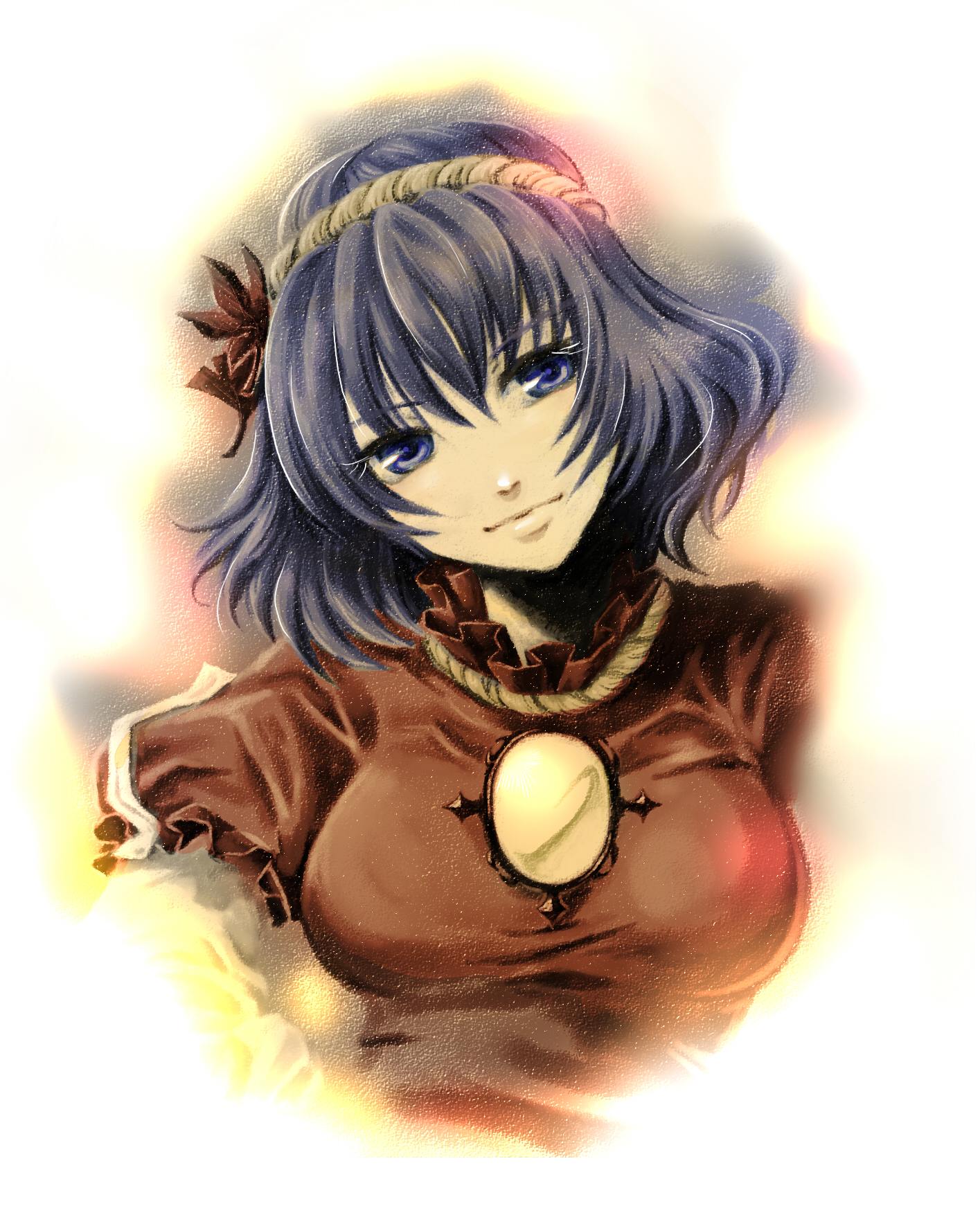 socha, yasaka kanako, touhou, highres, 1girl, blue eyes, female focus, hair ornament, hairband, head tilt, leaf hair ornament, purple hair, short hair, simple background, solo