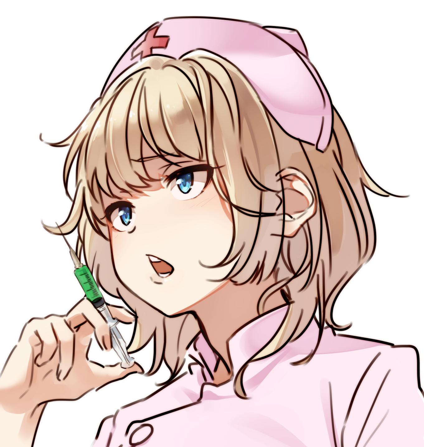 kakaobataa, original, highres, 1girl, blonde hair, blue eyes, blush, cross, hat, holding, holding syringe, nurse, nurse cap, open mouth, pink hat, portrait, red cross, short hair, solo, syringe, teeth, white background