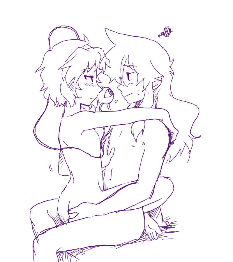 seme & mayo, kirisame marisa, komeiji satori, touhou, gender request, 2girls, barefoot, eye contact, flat chest, genderswap, hairband, heart, looking at another, monochrome, multiple girls, nude, purple theme, short hair, sketch, yuri