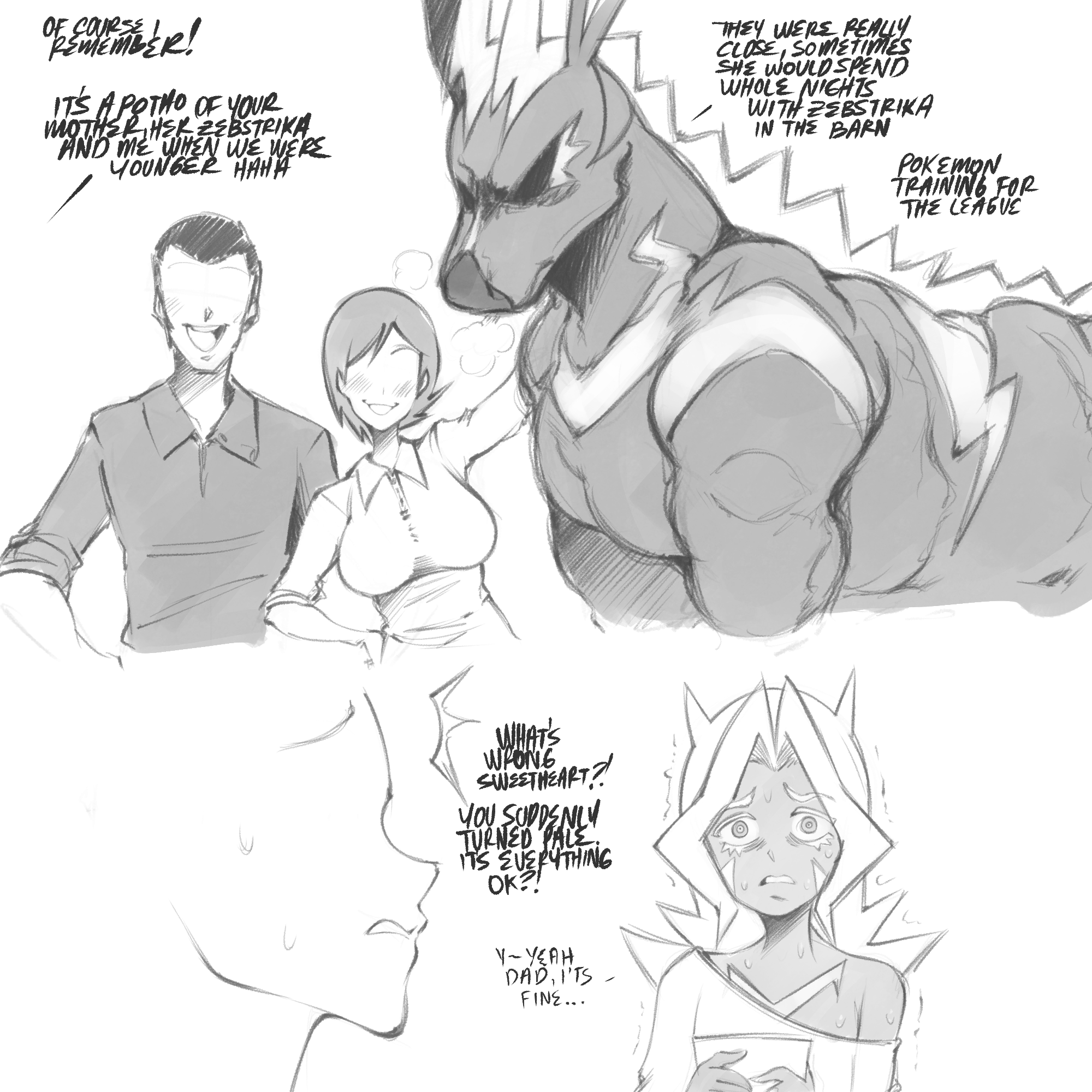 saltyxodium, zebstrika, nintendo, pokemon, highres, @ @, body markings, dark skin, father and daughter, gen 5 pokemon, husband and wife, implied bestiality, implied cheating (relationship), monochrome, nervous sweating, pokemon (creature), pokephilia, simple background, spiked hair, sweat