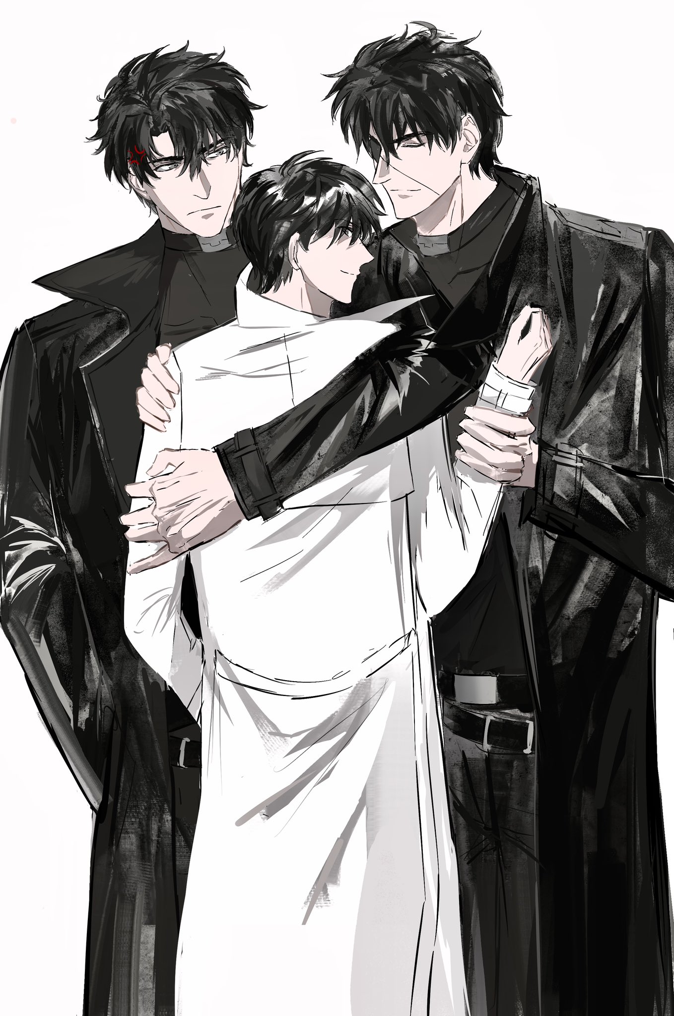 kim dokja, secretive plotter, yoo joonghyuk, yoo joonghyuk (999th turn), omniscient reader's viewpoint, commentary, english commentary, highres, 3boys, 8d2suga9, anger vein, arm around shoulder, black coat, black hair, black shirt, closed eyes, coat, cowboy shot, curtained hair, dual persona, eyepatch, glaring, hand in pocket, hand on another's wrist, looking at another, looking back, male focus, multiple boys, open clothes, open coat, popped collar, possessive, shirt, short hair, smirk, white coat