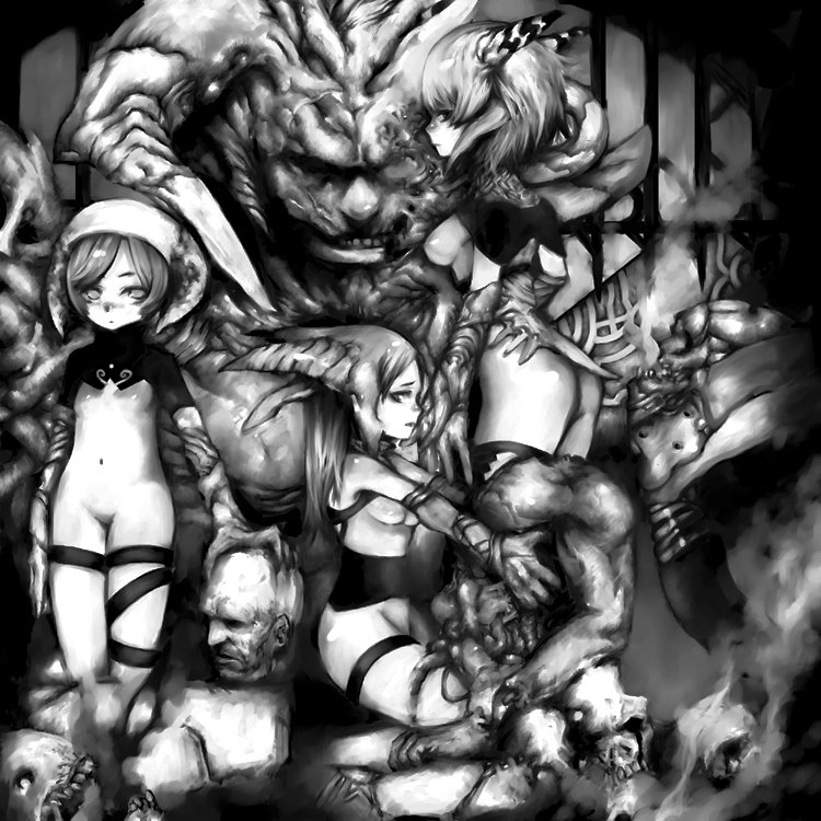 pon (tab rasa), original, 1boy, 3girls, breasts, claws, closed mouth, demon boy, demon girl, elbow gloves, gloves, greyscale, grin, holding detached head, horns, kneeling, long hair, looking at viewer, looking to the side, medium breasts, monochrome, multiple girls, nude, outstretched arms, severed head, severed torso, short hair, short sleeves, shrug (clothing), skull, small breasts, smile, standing, thigh strap