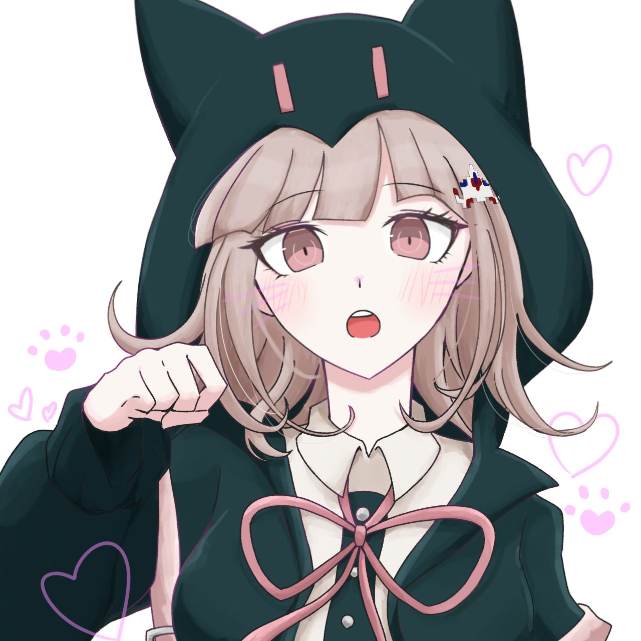 nanami chiaki, danganronpa (series), danganronpa 2: goodbye despair, highres, 1girl, :o, blush, breasts, brown hair, collared shirt, flipped hair, hair ornament, heart, hood, hood up, jacket, long sleeves, looking at viewer, medium hair, neck ribbon, o fuki no to, open clothes, open jacket, pink eyes, pink ribbon, ribbon, shirt, solo, teeth, upper teeth only, white background, white shirt